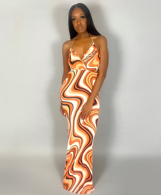 Swirl Print Backless Maxi Dress