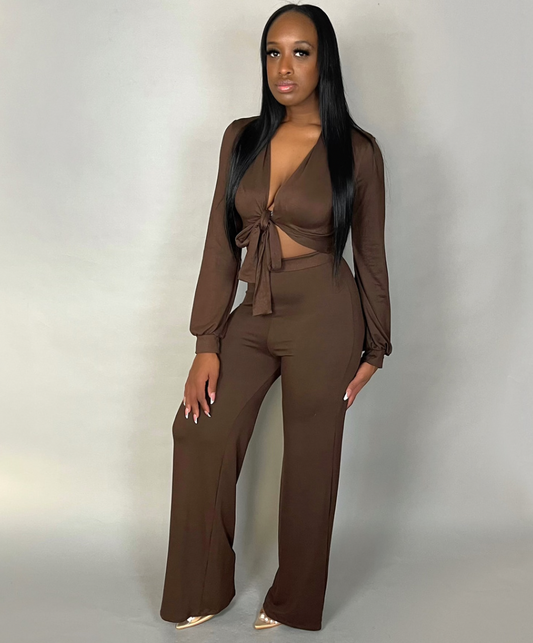 brown wide leg two piece set with long sleeve crop tie up shirt