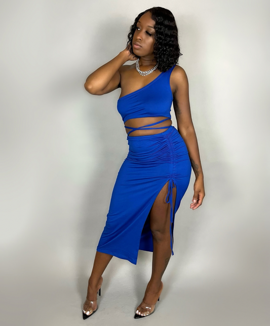 blue one sleeve midi skirt set 