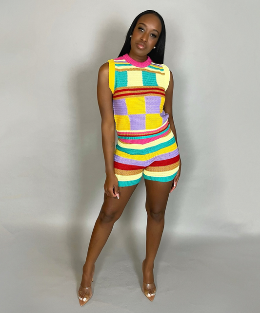 pink teal mustard  striped knit two piece short set 