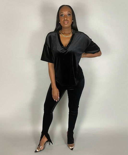 black oversized velvet two piece legging  set 